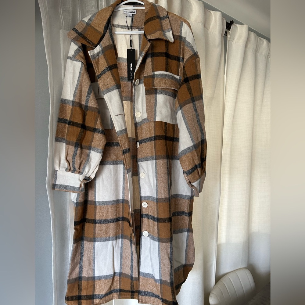 Brown and White Plaid Women's Coat